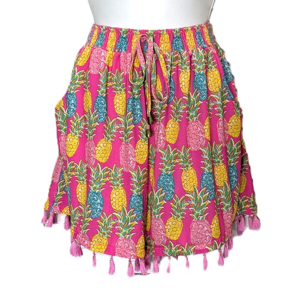 Simply Southern Pink Pineapple Shorts L/XL Fringe Tassel Pull On Tropical - Picture 2 of 16